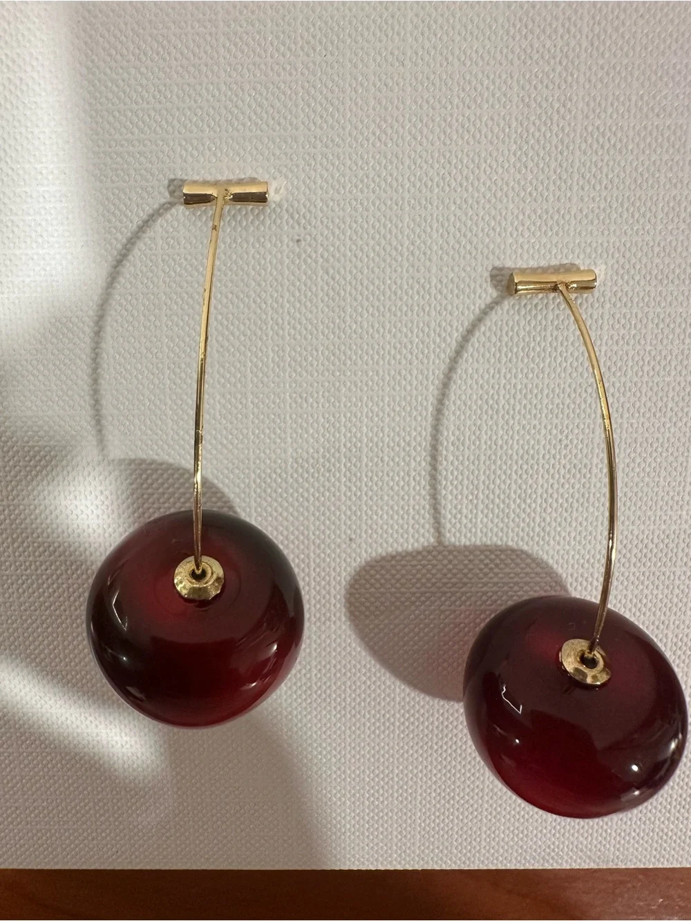 Red Cherry Drop Earrings - Gold Stems